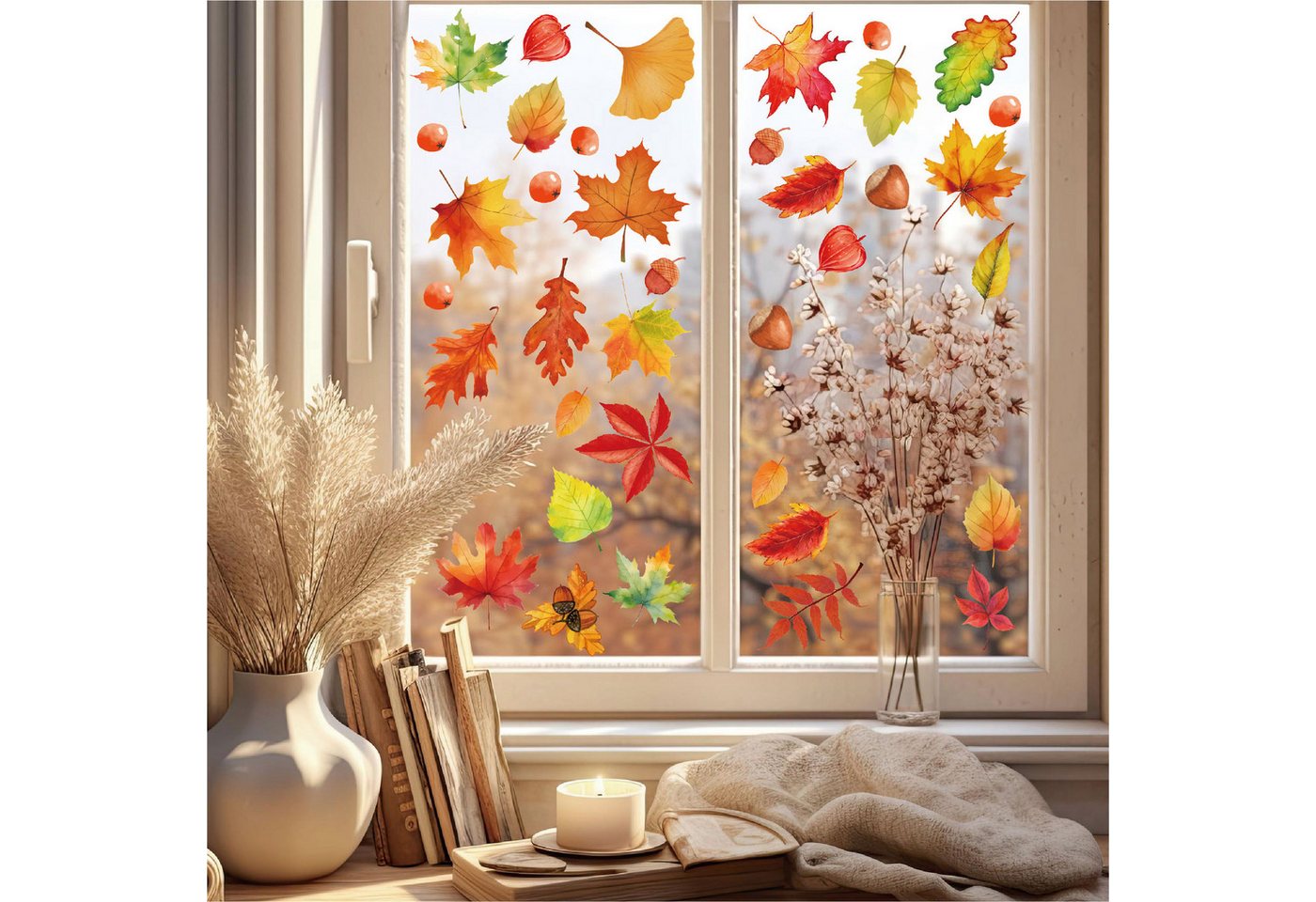Bomiclss Fensterfolie 64 Stück Fensterbilder Herbst, Herbstdeko,Erntedankfest Fensterbilder, Selbstklebend Herbst Deko Aufkleber, für Fenster Kinderzimmer Cafés Halloween Party Bild 5