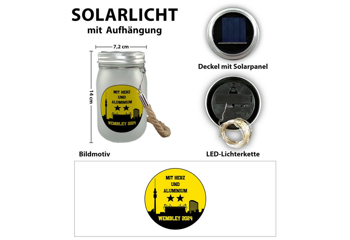 speecheese Dekolicht Dortmund Finale Wembley 2024 Solarlicht mit Spruch Herz und Aluminium