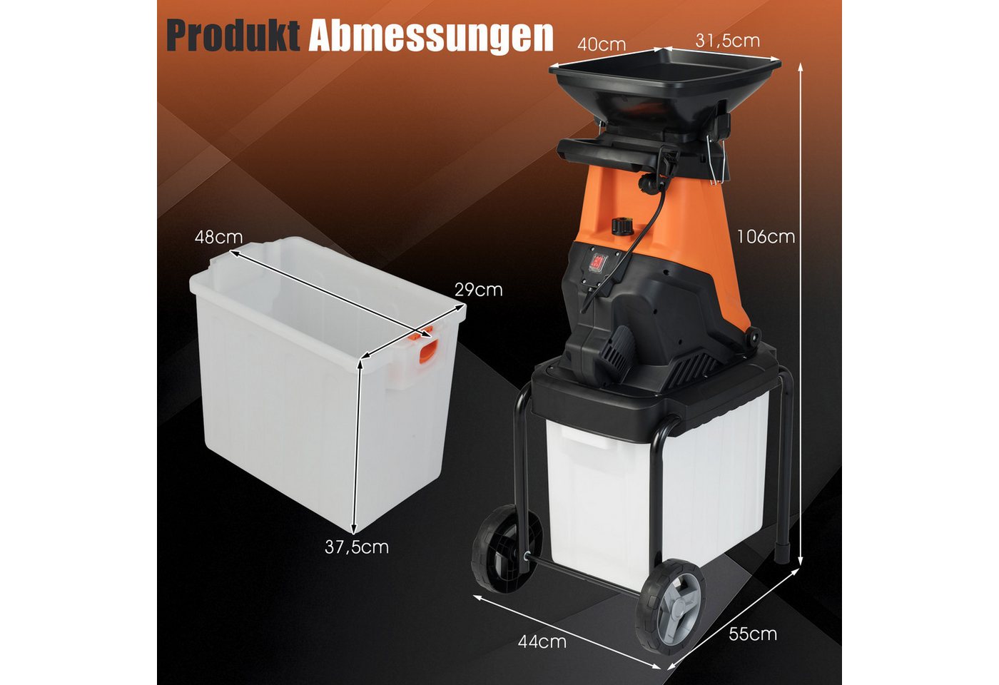 COSTWAY Häcksler, (1-St), 3000W Elektro Gartenhäcksler, mit Rädern, 50L Fangbox Bild 2