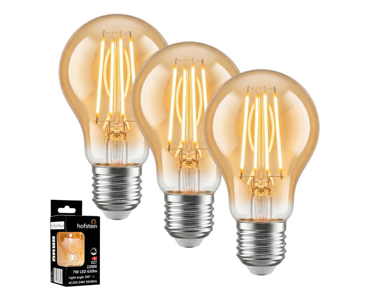 hofstein LED-Leuchtmittel 3er Set Glühbirne Extra Warmweiß dimmbar 7 Watt, E27, 2200 Kelvin, 630 Lumen, Klassisch, Filament, Amber Bild 5