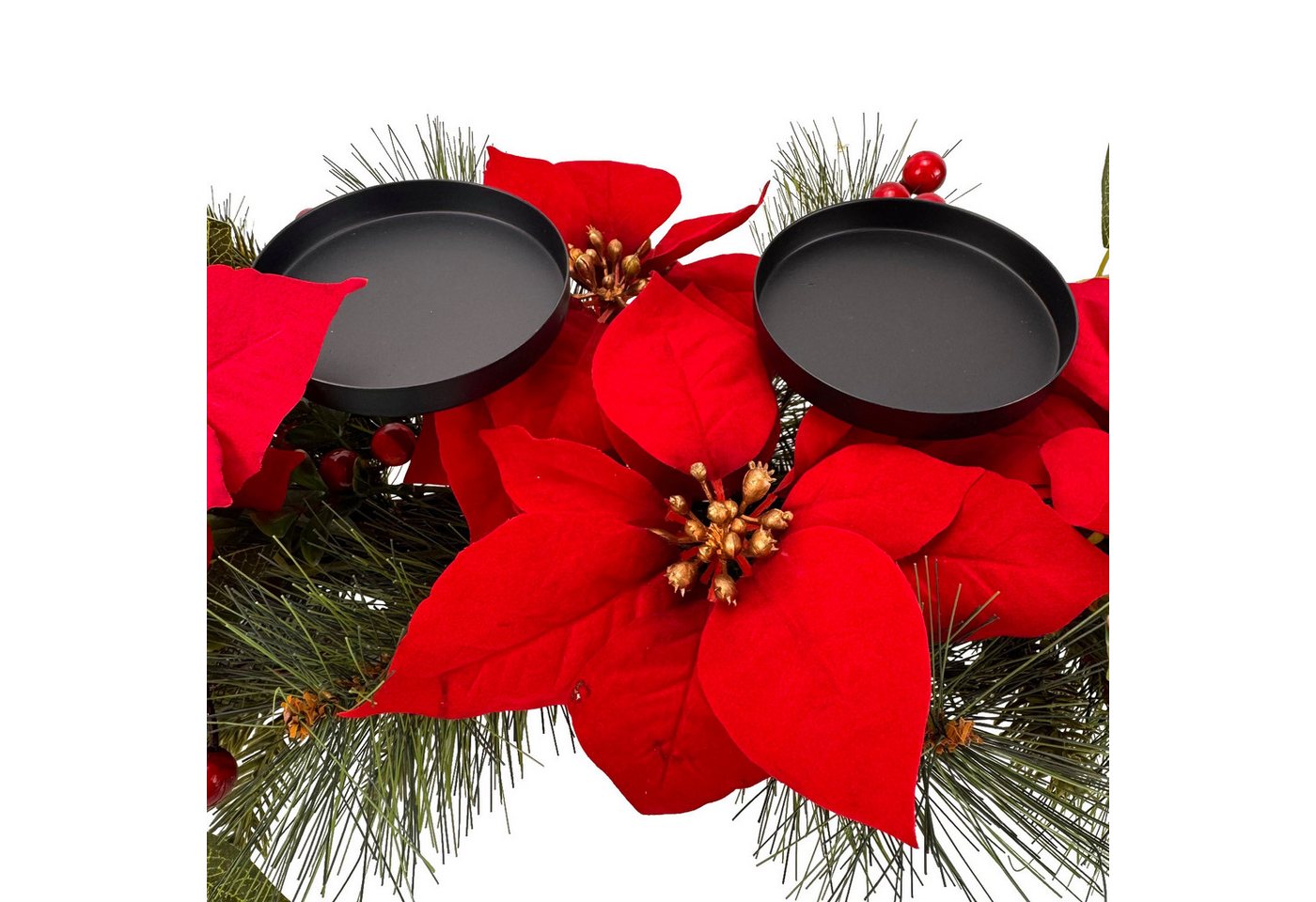 Online-Fuchs Adventskranz länglich mit künstlichen Weihnachtssternen und Metall Kerzenhaltern, 3in1 Halter für Stumpenkerzen, Stabkerzen und Teelichter/Votivkerzen