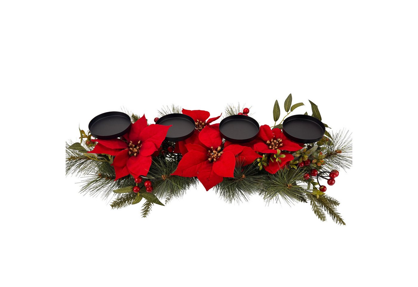 Online-Fuchs Adventskranz länglich mit künstlichen Weihnachtssternen und Metall Kerzenhaltern, 3in1 Halter für Stumpenkerzen, Stabkerzen und Teelichter/Votivkerzen Bild 2