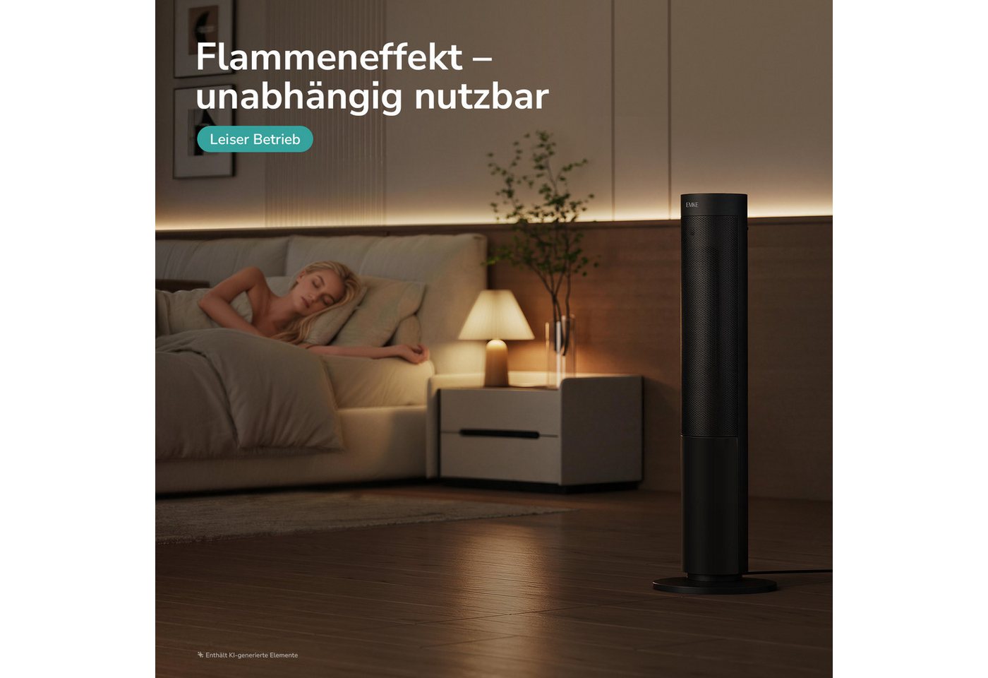 EMKE Heizlüfter Turmheizer mit Thermostat, Oszillation simulierten Flammen 2000 W, Mobiler PTC-Heizer mit Fernbedienung, Timer und ECO-Funktion