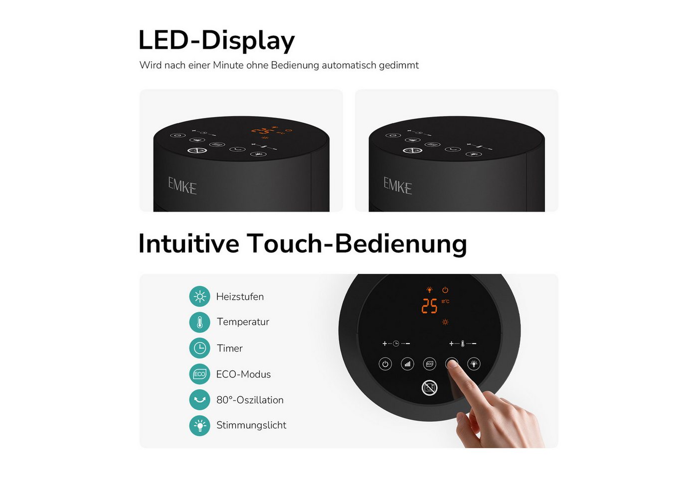 EMKE Heizlüfter Turmheizer mit Thermostat, Oszillation simulierten Flammen 2000 W, Mobiler PTC-Heizer mit Fernbedienung, Timer und ECO-Funktion Bild 3
