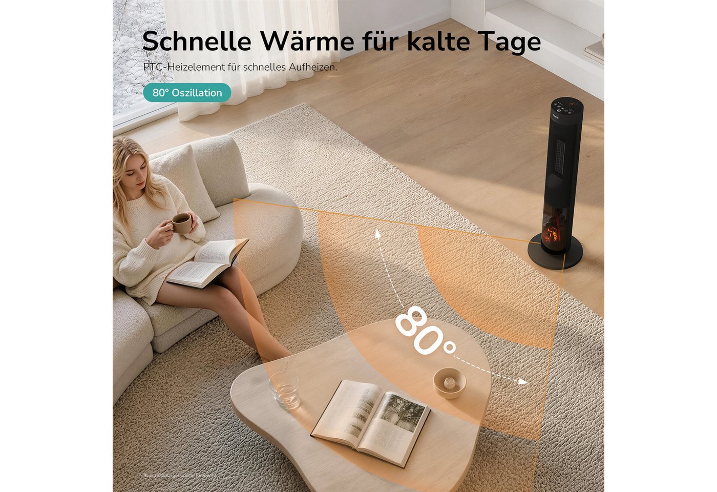 EMKE Heizlüfter Turmheizer mit Thermostat, Oszillation simulierten Flammen 2000 W, Mobiler PTC-Heizer mit Fernbedienung, Timer und ECO-Funktion Bild 4