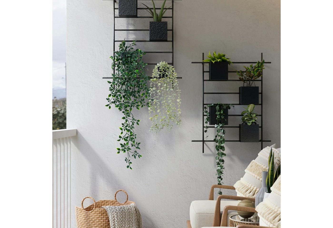 Künstliche Zimmerpflanze 2-teiliges Set künstlicher Hängepflanzen – Eukalyptus, Zyronn, Kunstpflanzen im Topf Wanddekoration im Vintage-Boho-Stil für Zuhause