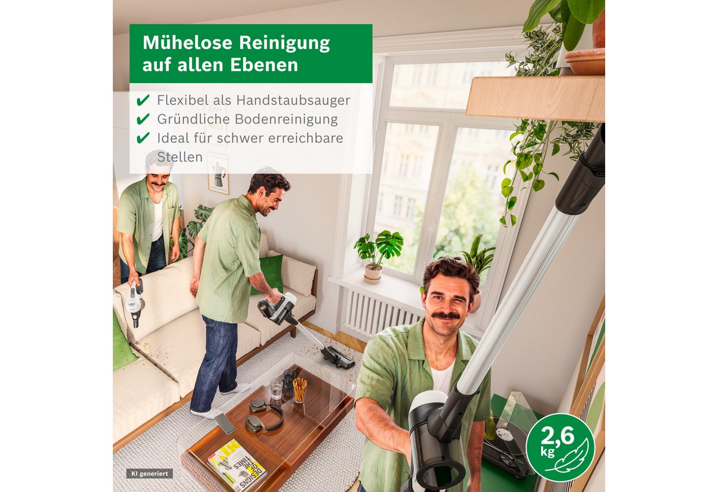 BOSCH Akku-Stielstaubsauger Unlimited 5 BBU52WBA, LED-Düse, Made in Germany, beutellos, starke Saugleistung, bis zu 50 Min. Laufzeit, Fugendüse, leicht, weiß