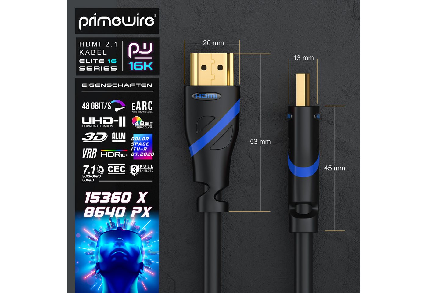 Primewire 16k HDMI Kabel 2.1, Ultra High Speed Ethernet 48Gbps, HDMI-Kabel, 2.1, HDMI Typ A (200 cm), 16k 30 Hz 8k 60Hz 4k 120 Hz, UHD HDR 10+ eARC Dolby Vision 3D VRR - 2m Bild 2