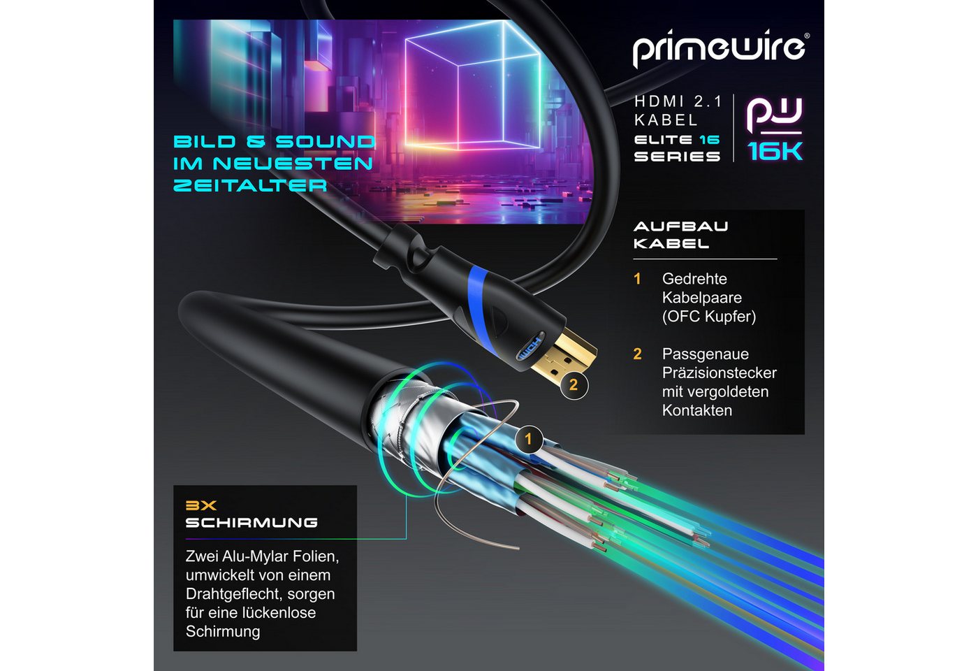 Primewire 16k HDMI Kabel 2.1, Ultra High Speed Ethernet 48Gbps, HDMI-Kabel, 2.1, HDMI Typ A (200 cm), 16k 30 Hz 8k 60Hz 4k 120 Hz, UHD HDR 10+ eARC Dolby Vision 3D VRR - 2m Bild 5