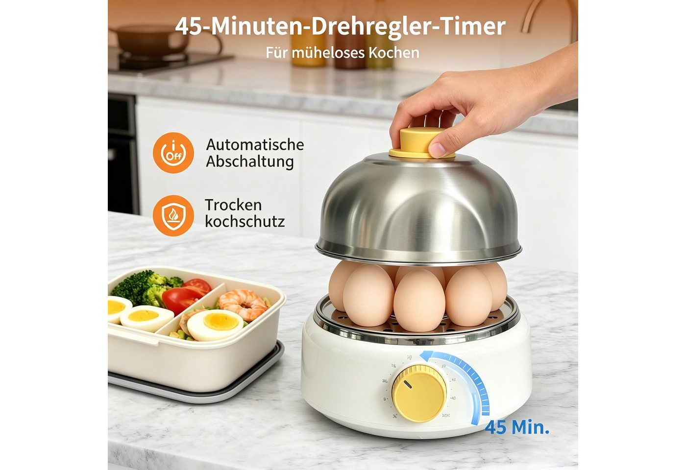 Fyrove Eierkocher Eierkocher Edelstahl mit Härtegradeinstellung Timer Überhitzungsschutz, 400 W, inkl. Messbecher mit Eipick, für Frühstückseier von weich bis hart