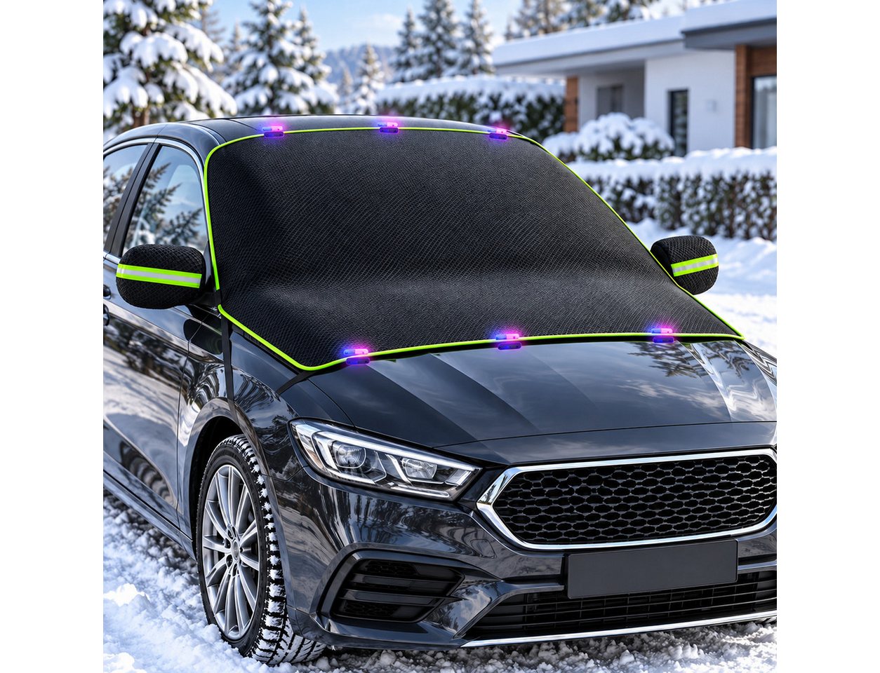 Vornix Frontscheibenabdeckung Auto Winter mit 10 Magneten & 6 Befestigungsgurten, (Frostschutz Scheibenabdeckung mit Spiegelabdeckung, Reflexstreifen, ca. 304 × 145 cm)