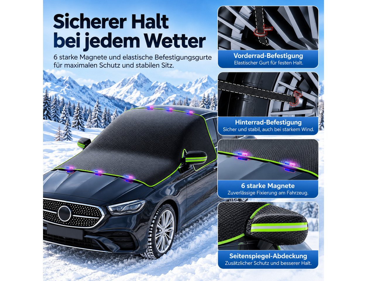 Vornix Frontscheibenabdeckung Auto Winter mit 10 Magneten & 6 Befestigungsgurten, (Frostschutz Scheibenabdeckung mit Spiegelabdeckung, Reflexstreifen, ca. 304 × 145 cm) Bild 2
