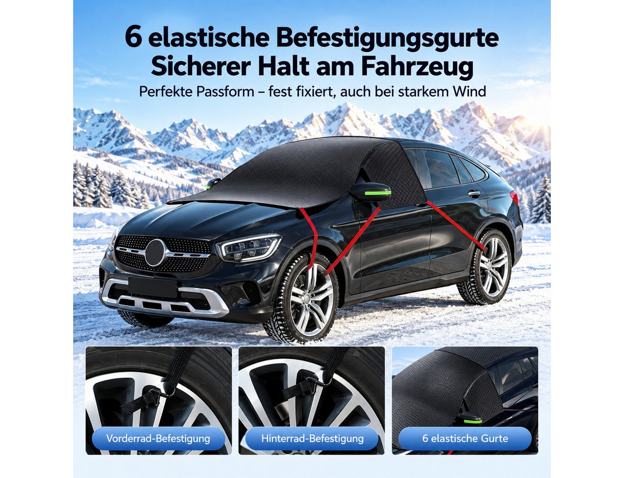 Vornix Frontscheibenabdeckung Auto Winter mit 10 Magneten & 6 Befestigungsgurten, (Frostschutz Scheibenabdeckung mit Spiegelabdeckung, Reflexstreifen, ca. 304 × 145 cm) Bild 4