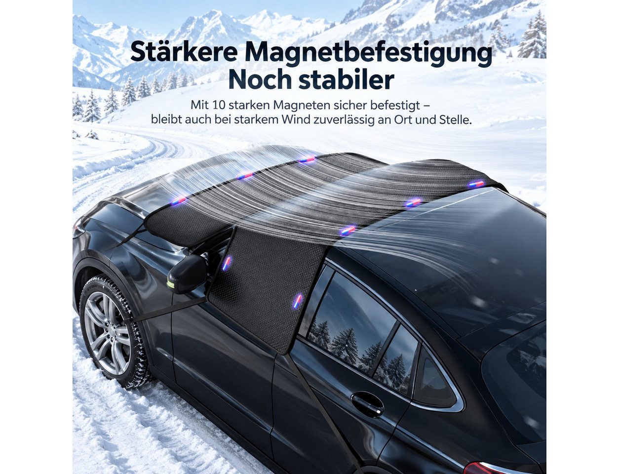 Vornix Frontscheibenabdeckung Auto Winter mit 10 Magneten & 6 Befestigungsgurten, (Frostschutz Scheibenabdeckung mit Spiegelabdeckung, Reflexstreifen, ca. 304 × 145 cm) Bild 5
