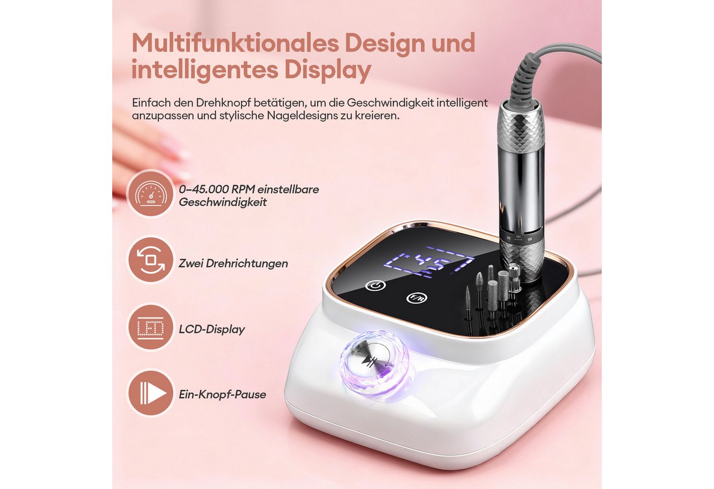 HS Onsing Maniküre-Pediküre-Set 45000RPM Professionell Nagelfräser,Fräser für Gelnägel, mit LCD-Display, für Acrylnägel,Bit-Lock Design, für den Heimgebrauch und Nagelstudios Bild 3
