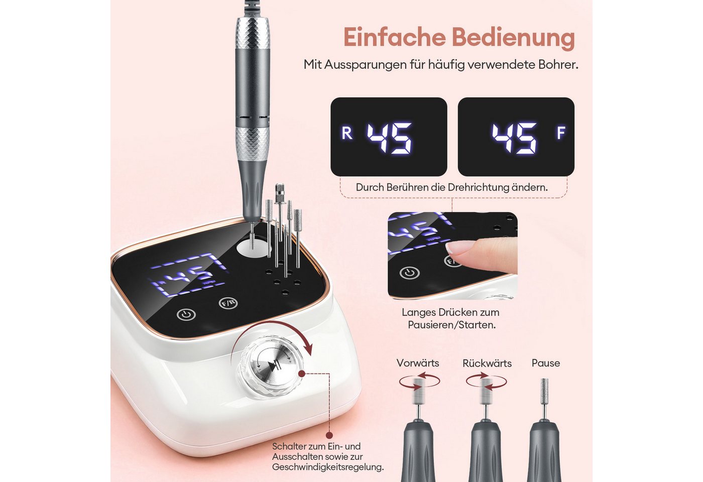 HS Onsing Maniküre-Pediküre-Set 45000RPM Professionell Nagelfräser,Fräser für Gelnägel, mit LCD-Display, für Acrylnägel,Bit-Lock Design, für den Heimgebrauch und Nagelstudios Bild 4