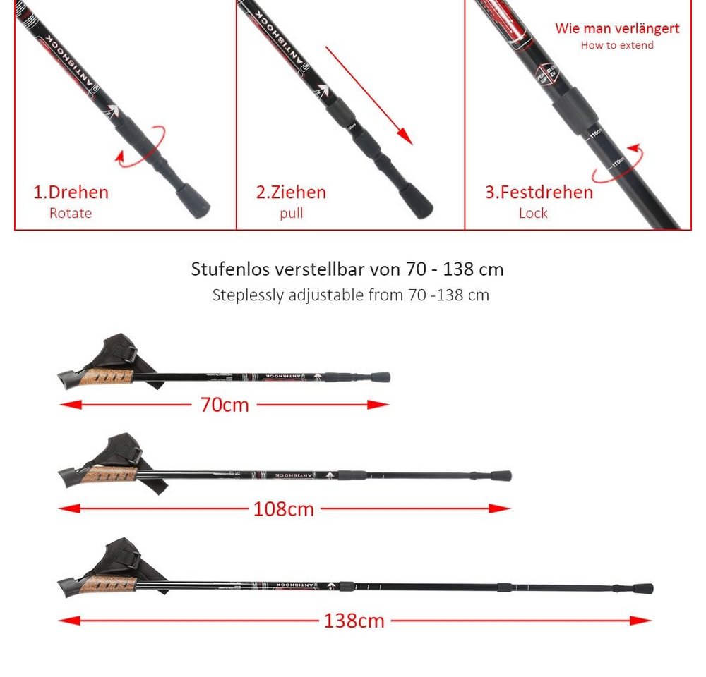 Feel2Home Nordic-Walking-Stöcke Teleskopstöcke Nordic Walking Aluminium, Korkgriff, 65-135 cm, 2 Stück (2 Stöcke), Teleskopstock Bild 3