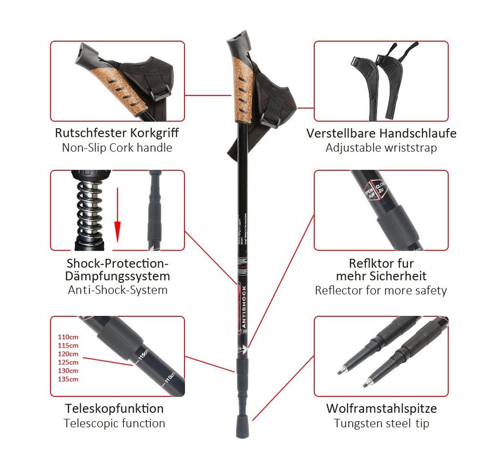Feel2Home Nordic-Walking-Stöcke Teleskopstöcke Nordic Walking Aluminium, Korkgriff, 65-135 cm, 2 Stück (2 Stöcke), Teleskopstock Bild 4