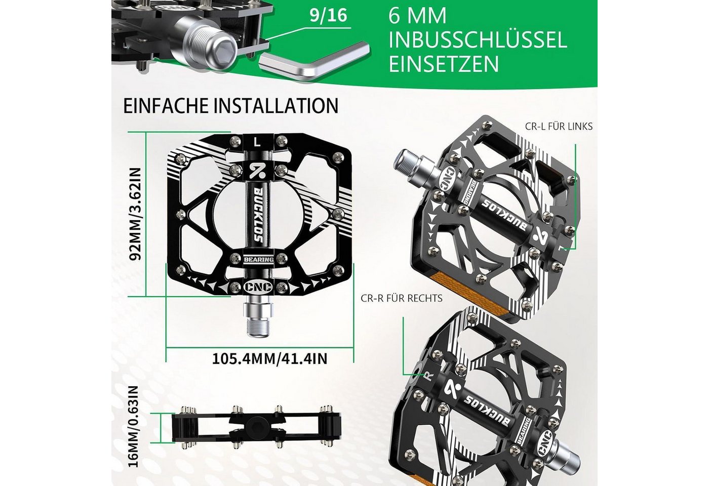LuxusKollektion Plattformpedale Aluminium MTB Pedale CNC Gold-Schwarz 9/16