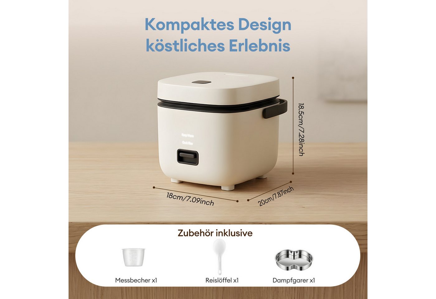 HS Onsing Reiskocher 1,5L Mini Reiskocher Tragbar, Multikocher Kleiner Reiskocher Klein, 200 W, für 1-2 Personen, Antihaftbeschichtetem, mit Dampfgarer,Warmhalten