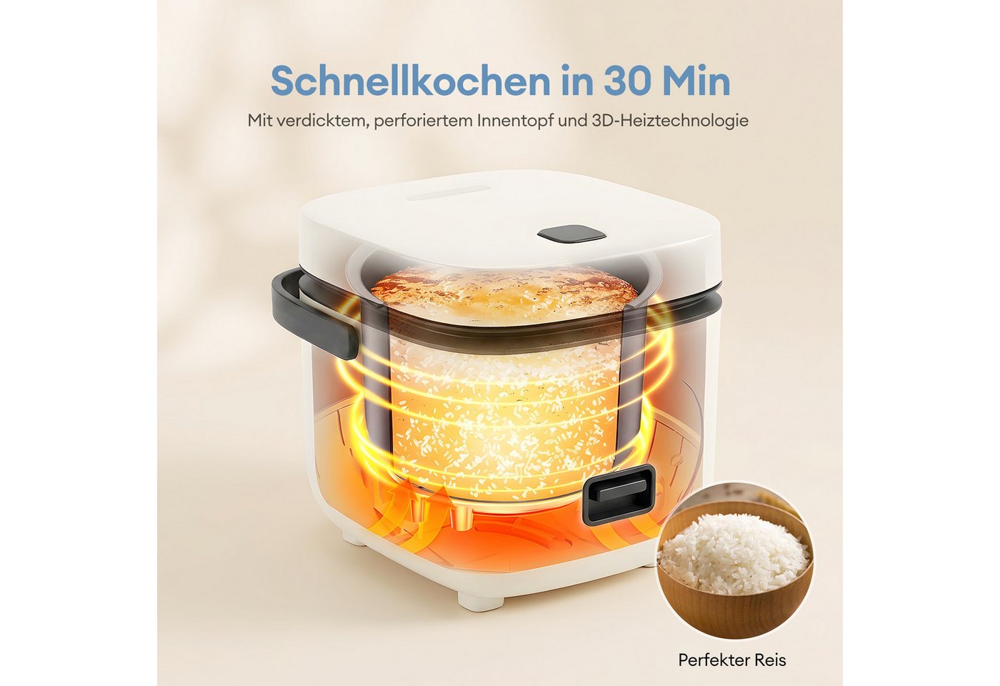 HS Onsing Reiskocher 1,5L Mini Reiskocher Tragbar, Multikocher Kleiner Reiskocher Klein, 200 W, für 1-2 Personen, Antihaftbeschichtetem, mit Dampfgarer,Warmhalten Bild 2