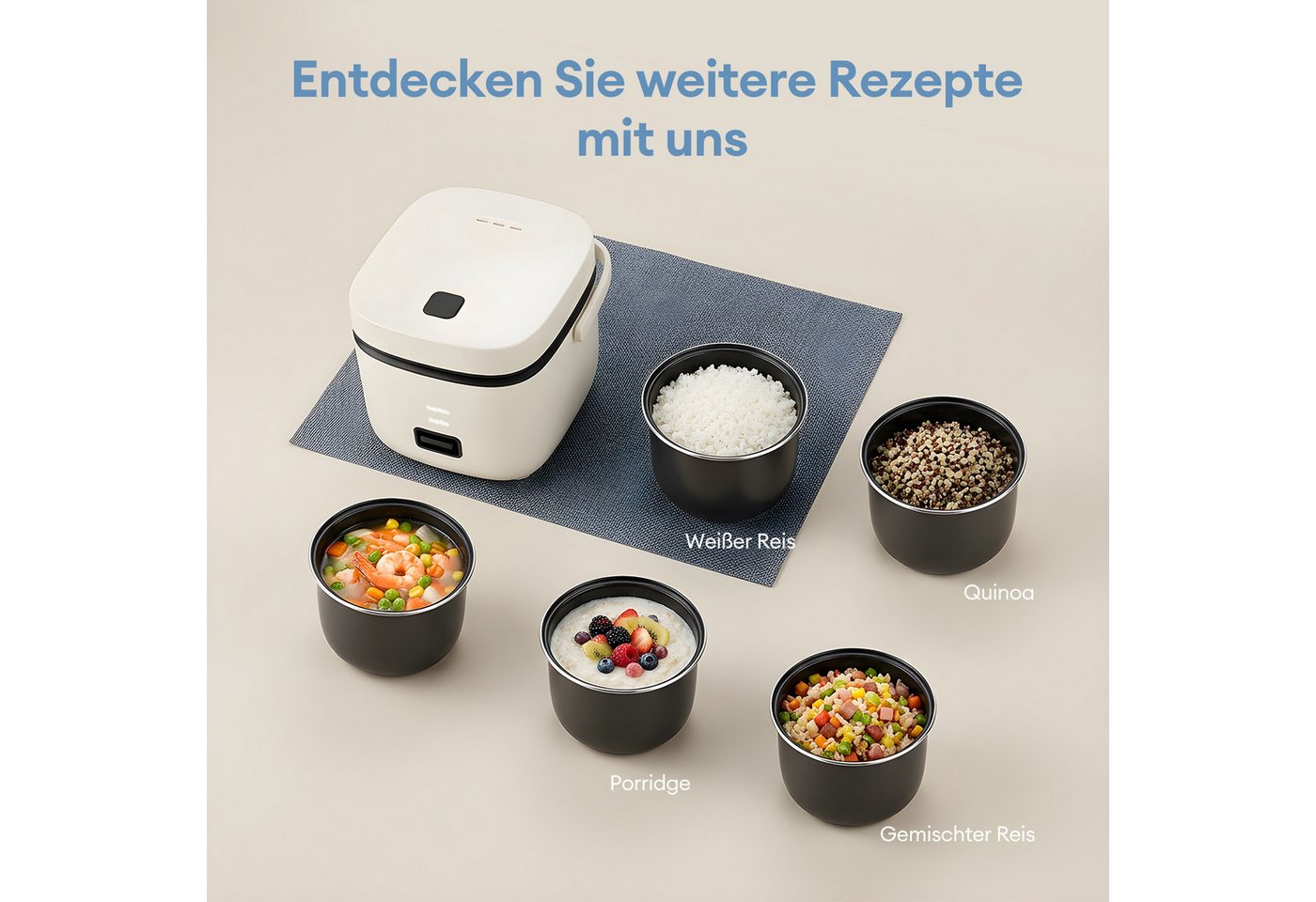 HS Onsing Reiskocher 1,5L Mini Reiskocher Tragbar, Multikocher Kleiner Reiskocher Klein, 200 W, für 1-2 Personen, Antihaftbeschichtetem, mit Dampfgarer,Warmhalten Bild 5