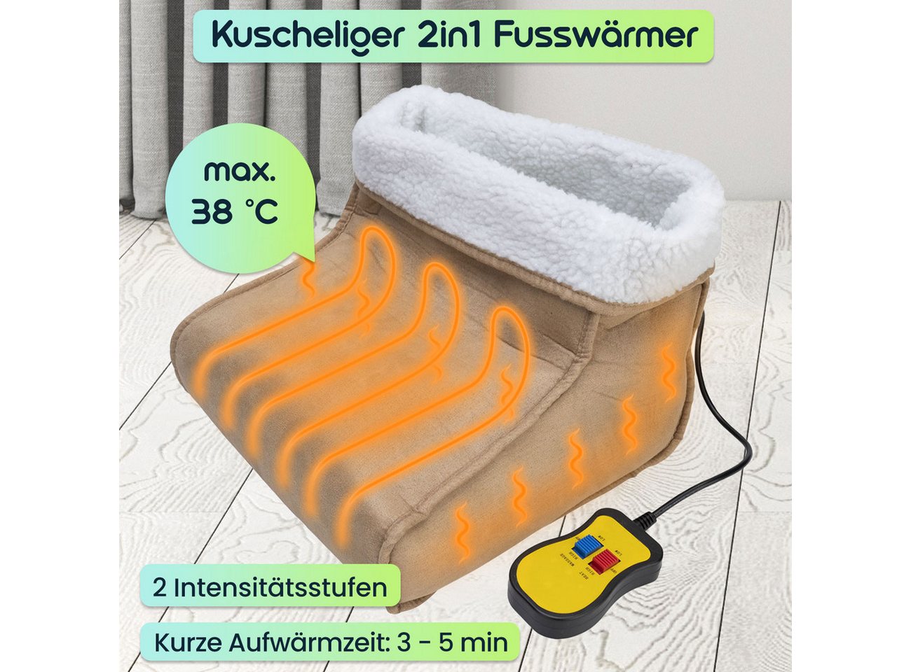 Casativo Elektrofußwärmer 2in1 Fußwärmer elektrisch Vibrationsmassage Kuschel-Fußheizung, bis 38°C Wärme, schnelle Aufheizzeit in 3/5 Min. 2 Intensitätsstufen Bild 3