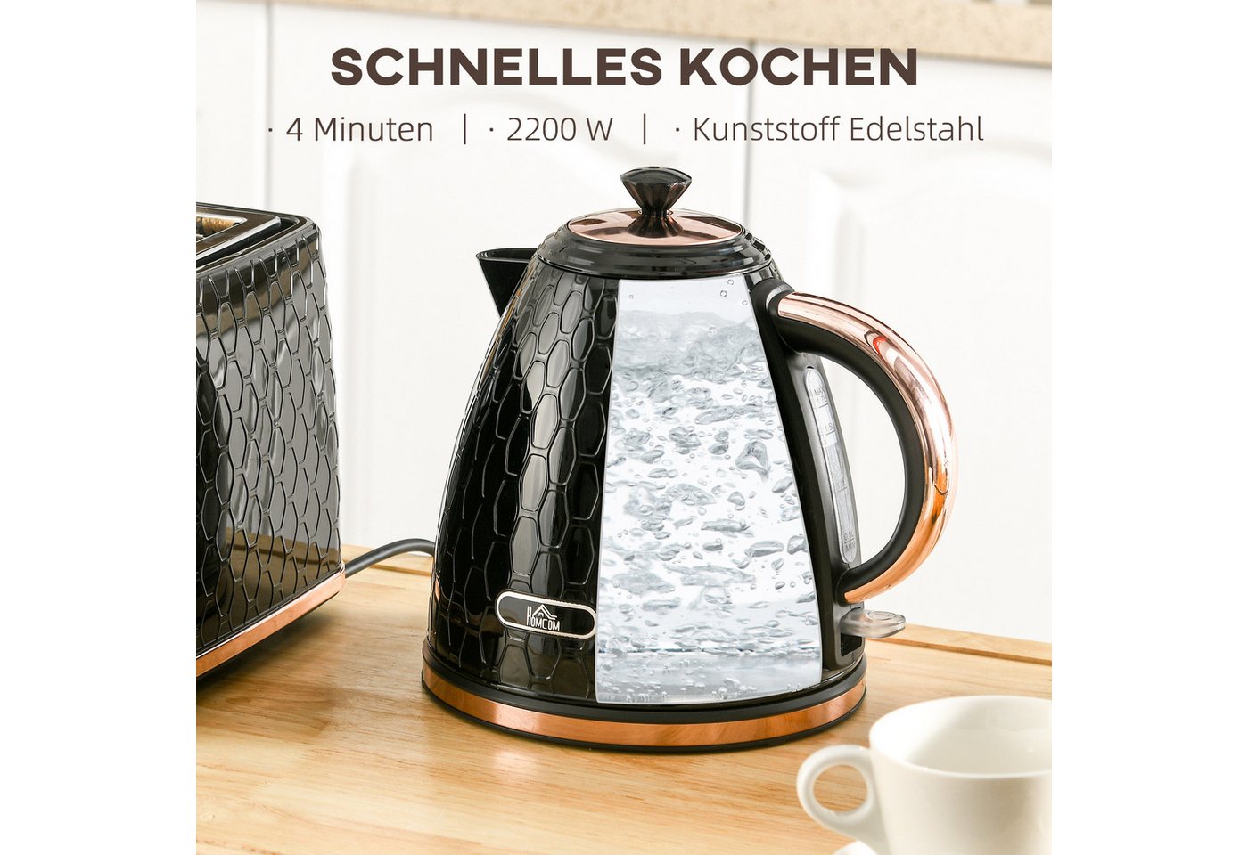 HOMCOM Wasserkocher Schnellkochfunktion, kabellos, Anti-Kalk-Filter, Auto-Abschaltung, 1.7 l, 2200 W, Trockengehschutz, Schwarz