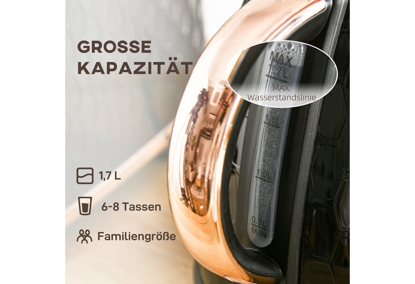 HOMCOM Wasserkocher Schnellkochfunktion, kabellos, Anti-Kalk-Filter, Auto-Abschaltung, 1.7 l, 2200 W, Trockengehschutz, Schwarz Bild 3