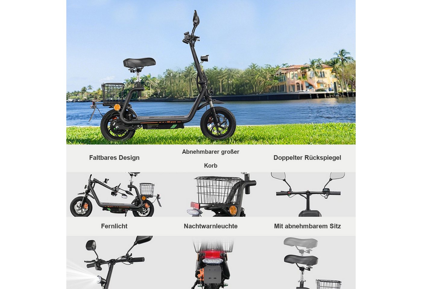 Vankel E-Scooter Herren u. Damen Elektroroller 44 km/h 500W 624Wh EEC straßenzugelassen, 500 W, Scheibenbremsen Doppelfederung Blinker Gepäckkorb 120 kg LED 12 Zoll