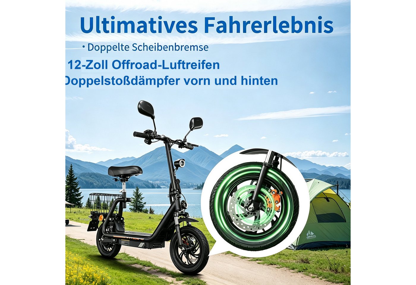 Vankel E-Scooter Herren u. Damen Elektroroller 44 km/h 500W 624Wh EEC straßenzugelassen, 500 W, Scheibenbremsen Doppelfederung Blinker Gepäckkorb 120 kg LED 12 Zoll Bild 4