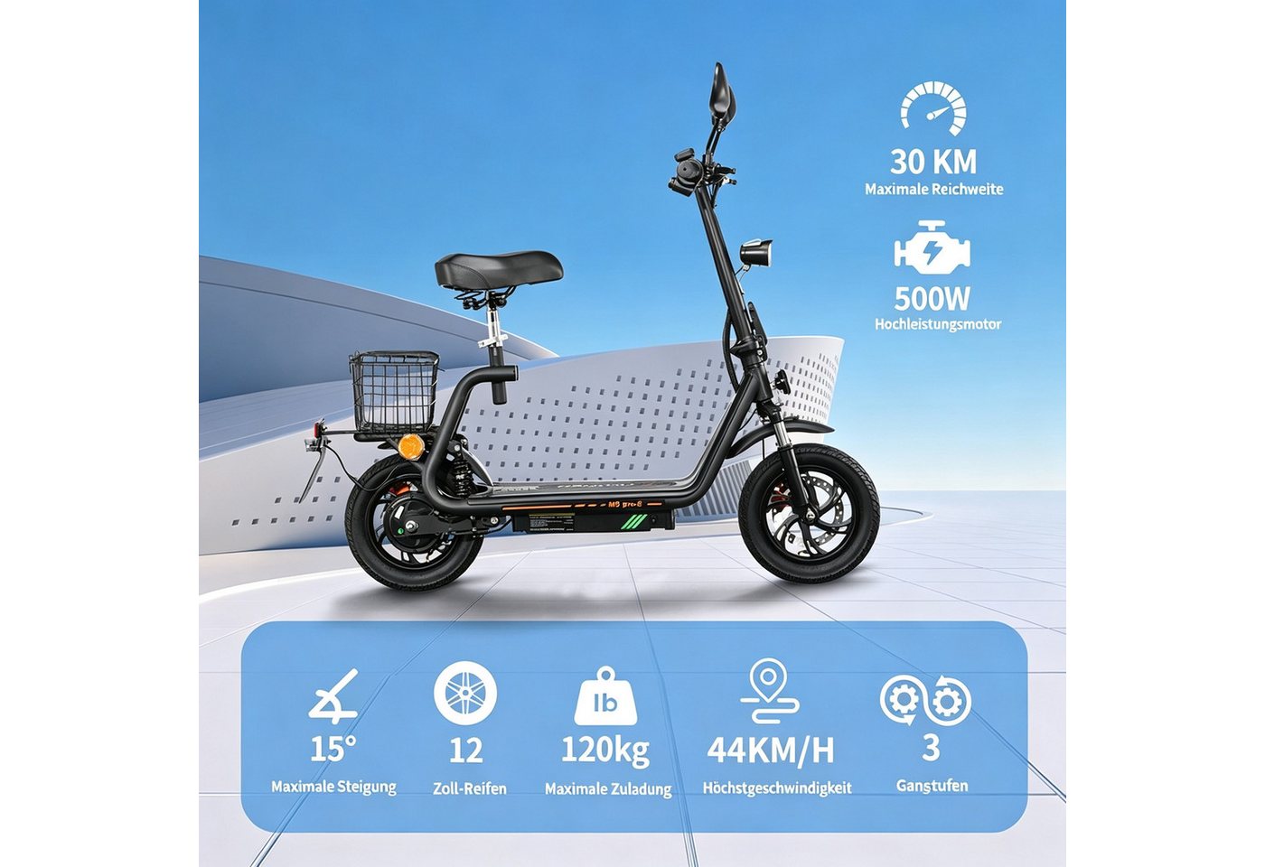 Vankel E-Scooter Herren u. Damen Elektroroller 44 km/h 500W 624Wh EEC straßenzugelassen, 500 W, Scheibenbremsen Doppelfederung Blinker Gepäckkorb 120 kg LED 12 Zoll Bild 5