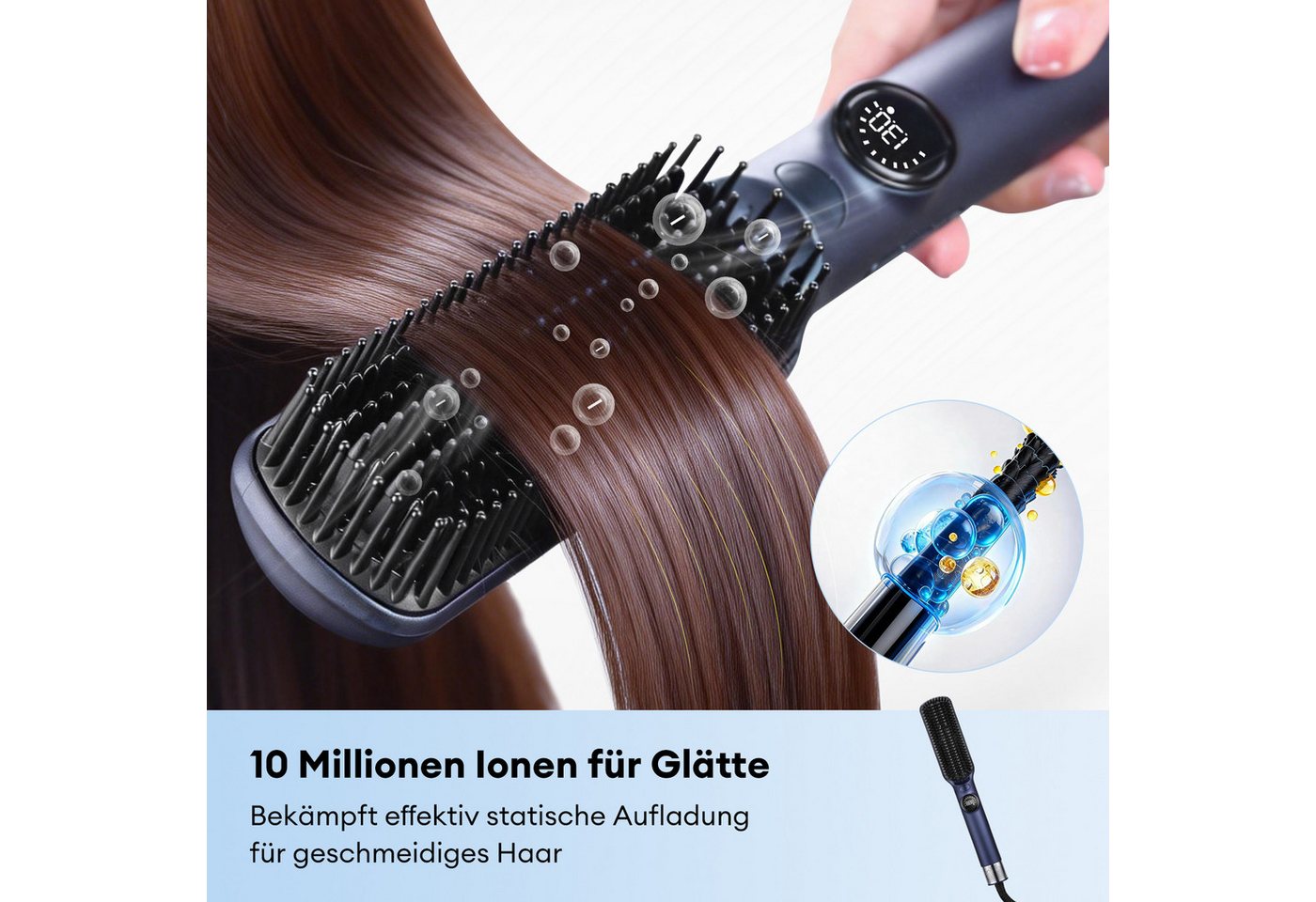 HS Onsing Haarglättbürste Warmluftbürste, Beheiztes Glättent /KaltlufGlättbürste, 100-230℃, Keramikplatte, LED-Anzeige Bild 4