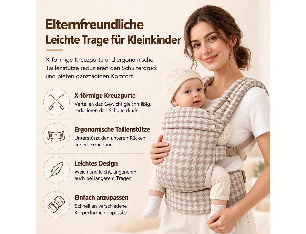 Luckice Babytrage Babytrage 100% Babytrage für Neugeborene bis Kleinkinder (Ergonomische M-Position, X-Rücken & EVA-Lendenstütze, 3 Tragepositionen, Verstellbare Schultergurte, Beige-Weiß) Bild 2
