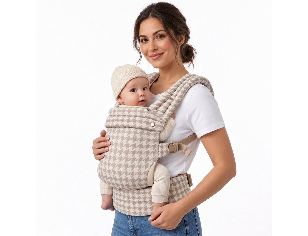 Luckice Babytrage Babytrage 100% Babytrage für Neugeborene bis Kleinkinder (Ergonomische M-Position, X-Rücken & EVA-Lendenstütze, 3 Tragepositionen, Verstellbare Schultergurte, Beige-Weiß) Bild 3