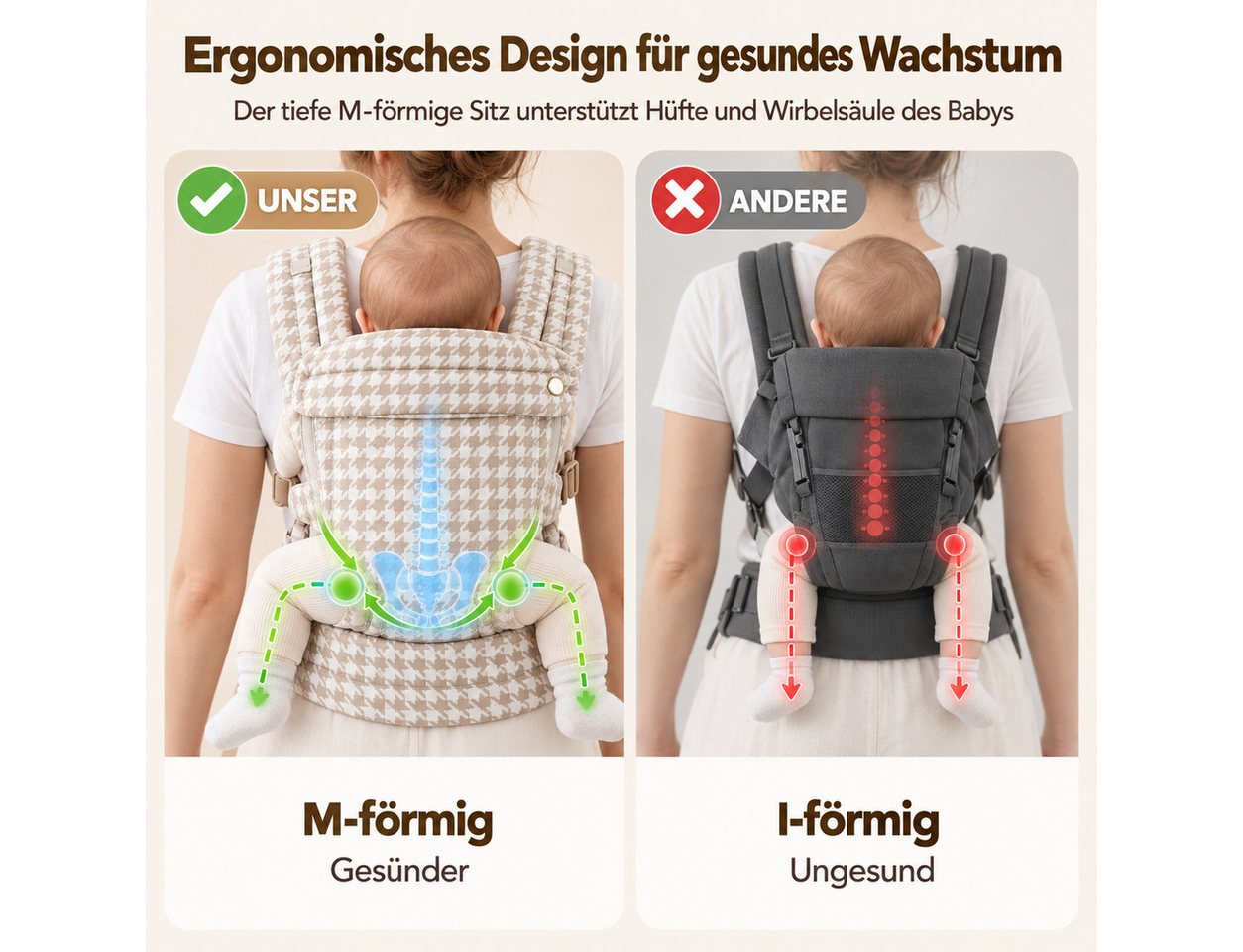 Luckice Babytrage Babytrage 100% Babytrage für Neugeborene bis Kleinkinder (Ergonomische M-Position, X-Rücken & EVA-Lendenstütze, 3 Tragepositionen, Verstellbare Schultergurte, Beige-Weiß) Bild 4
