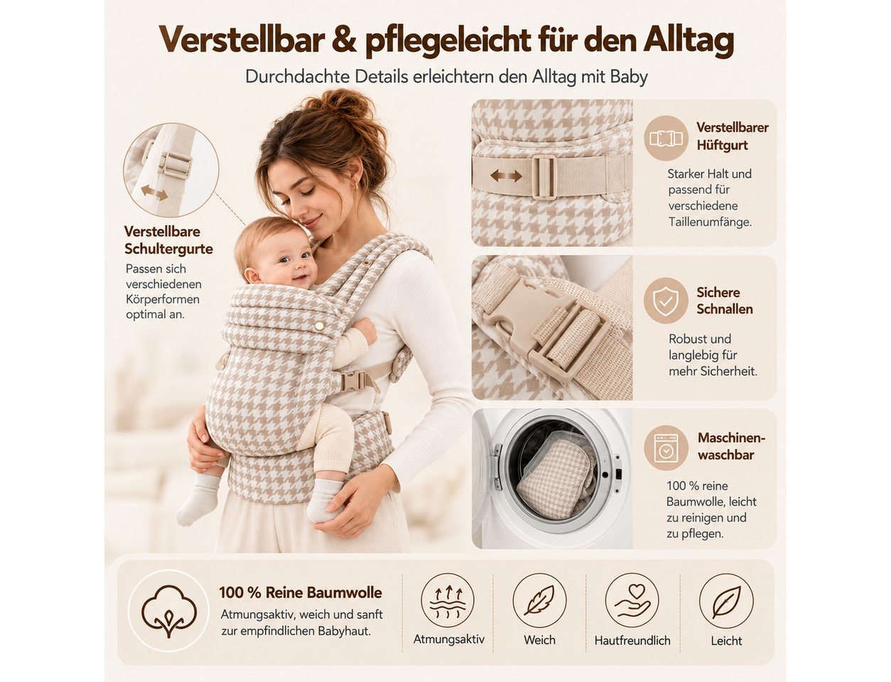 Luckice Babytrage Babytrage 100% Babytrage für Neugeborene bis Kleinkinder (Ergonomische M-Position, X-Rücken & EVA-Lendenstütze, 3 Tragepositionen, Verstellbare Schultergurte, Beige-Weiß) Bild 5