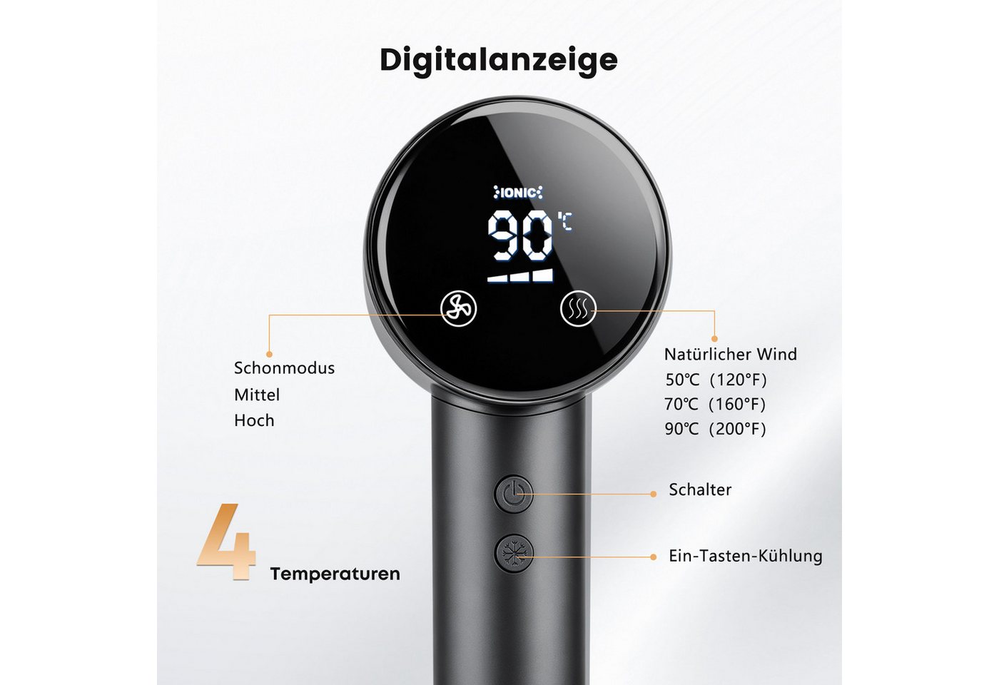 HS Onsing Haartrockner Ionic, Haarföhn 110000 RPM, 30℃/50℃/70℃/90℃, Hair Dryer Leise, 1500 W, Mit Magnetdüse,36m/s,Schnelles Trocknen,Kaltlufttaste, für alle Haarlängen und -strukturen Bild 3