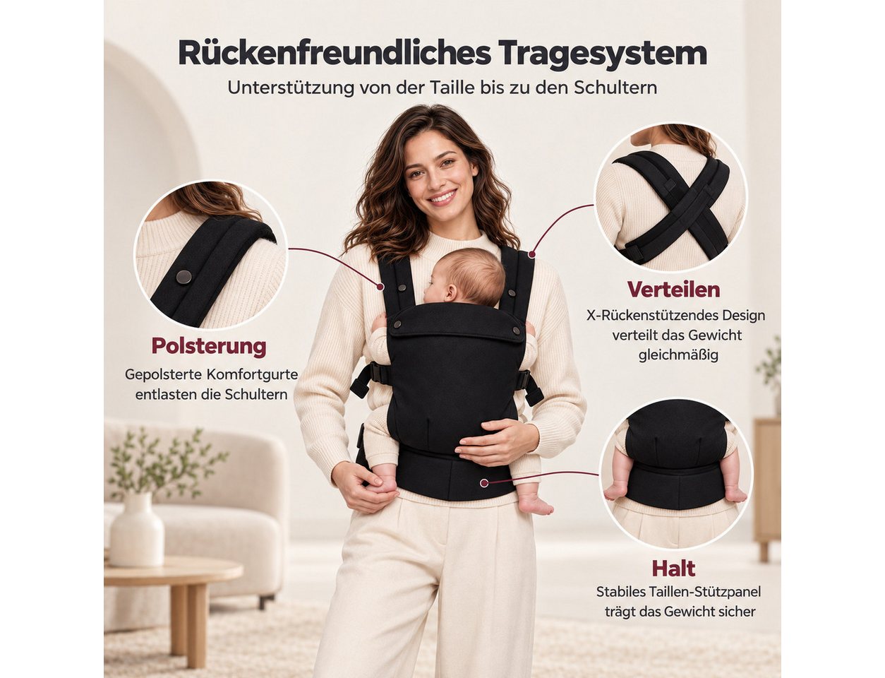Luckice Babytrage Tragetuch für Neugeborene bis Kleinkinder,Schwarz, (Babytrage mit Verstellbarer Sitzbreite, Gepolsterten Schultergurten und Breitem Hüftgurt, Bauchtrage mit X-förmigen Kreuzgurten, Komfortable Babytrage für Alltag und Reisen)