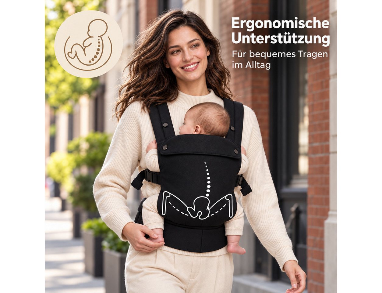 Luckice Babytrage Tragetuch für Neugeborene bis Kleinkinder,Schwarz, (Babytrage mit Verstellbarer Sitzbreite, Gepolsterten Schultergurten und Breitem Hüftgurt, Bauchtrage mit X-förmigen Kreuzgurten, Komfortable Babytrage für Alltag und Reisen) Bild 2