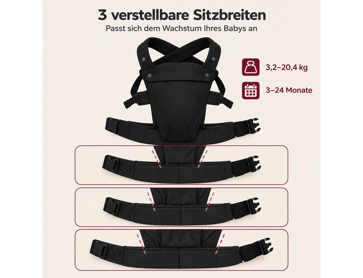 Luckice Babytrage Tragetuch für Neugeborene bis Kleinkinder,Schwarz, (Babytrage mit Verstellbarer Sitzbreite, Gepolsterten Schultergurten und Breitem Hüftgurt, Bauchtrage mit X-förmigen Kreuzgurten, Komfortable Babytrage für Alltag und Reisen) Bild 4