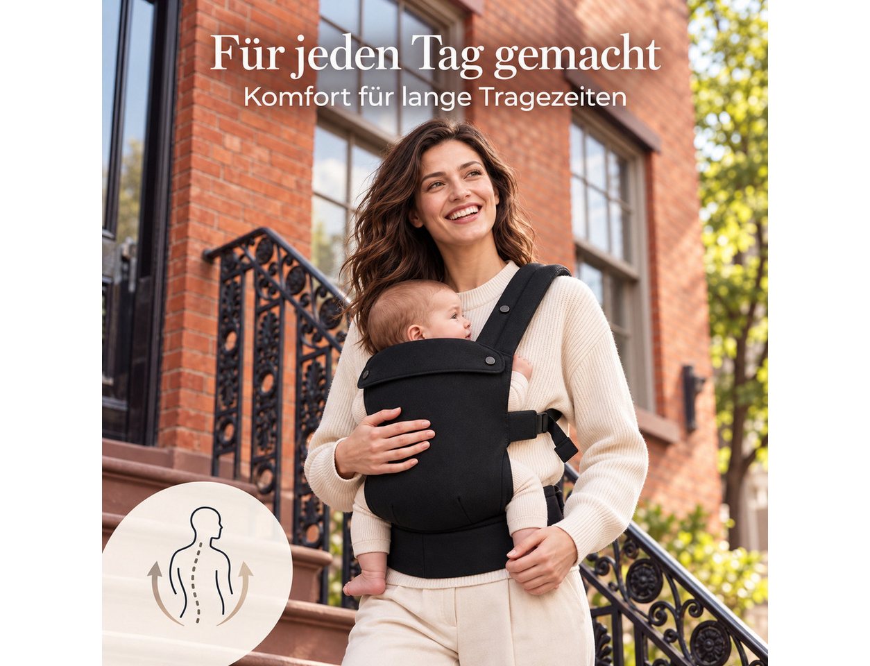 Luckice Babytrage Tragetuch für Neugeborene bis Kleinkinder,Schwarz, (Babytrage mit Verstellbarer Sitzbreite, Gepolsterten Schultergurten und Breitem Hüftgurt, Bauchtrage mit X-förmigen Kreuzgurten, Komfortable Babytrage für Alltag und Reisen) Bild 5