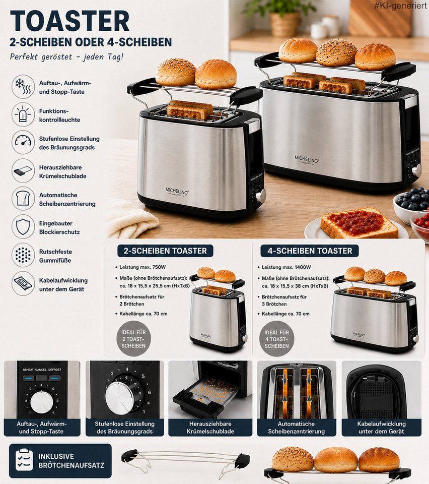 Michelino Toaster Edelstahl mit Brötchenaufsatz, – 2 oder 4 Scheiben – Auftau-, Aufwärm- & Stoppfunktion