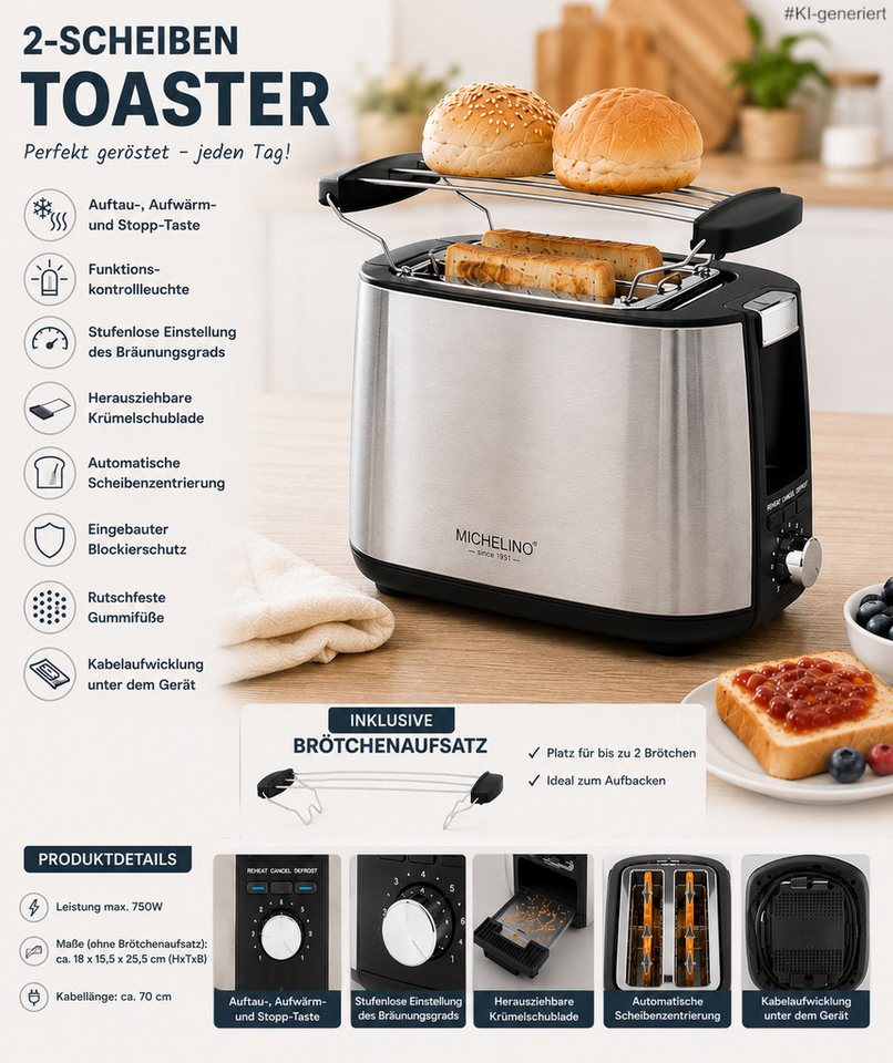 Michelino Toaster Edelstahl mit Brötchenaufsatz, – 2 oder 4 Scheiben – Auftau-, Aufwärm- & Stoppfunktion Bild 5