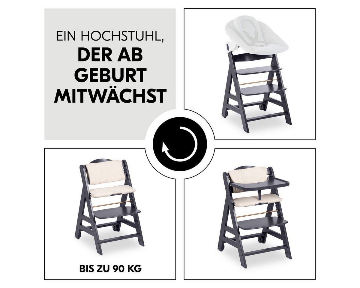Hauck Tischsitz Beta Plus - Dark Grey, Mitwachsender Holz Kinderhochstuhl mit Essbrett, Sitzauflage & Rollen