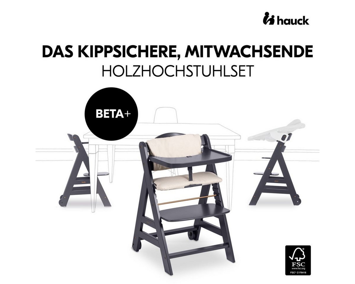 Hauck Tischsitz Beta Plus - Dark Grey, Mitwachsender Holz Kinderhochstuhl mit Essbrett, Sitzauflage & Rollen Bild 2
