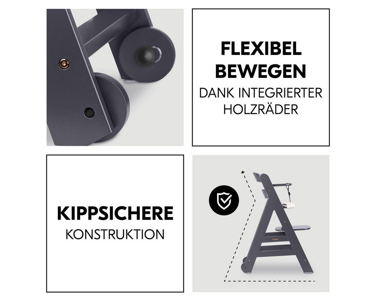 Hauck Tischsitz Beta Plus - Dark Grey, Mitwachsender Holz Kinderhochstuhl mit Essbrett, Sitzauflage & Rollen Bild 3