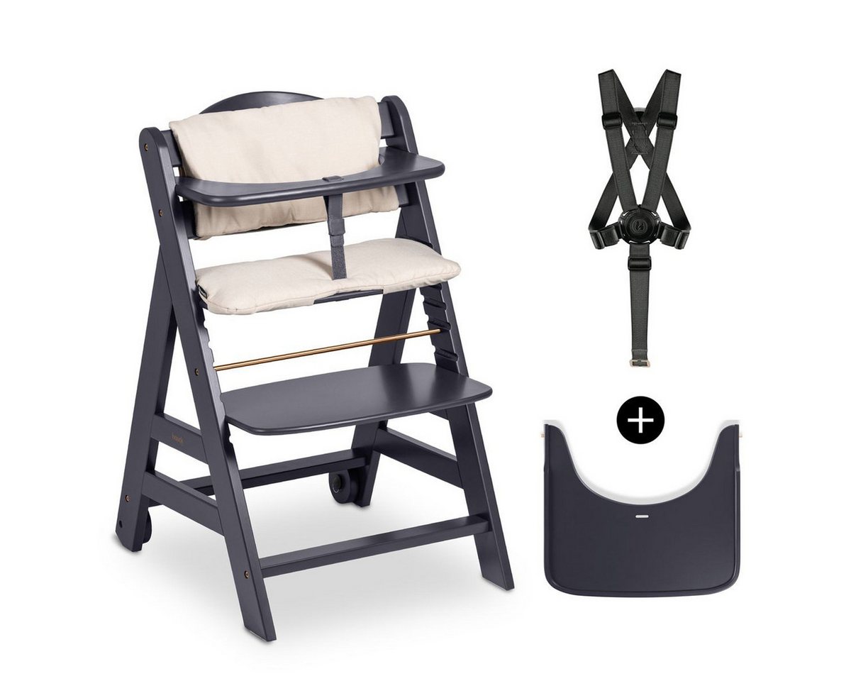 Hauck Tischsitz Beta Plus - Dark Grey, Mitwachsender Holz Kinderhochstuhl mit Essbrett, Sitzauflage & Rollen Bild 4