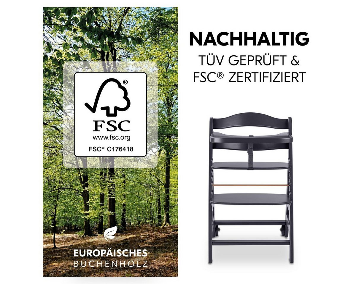 Hauck Tischsitz Beta Plus - Dark Grey, Mitwachsender Holz Kinderhochstuhl mit Essbrett, Sitzauflage & Rollen Bild 5