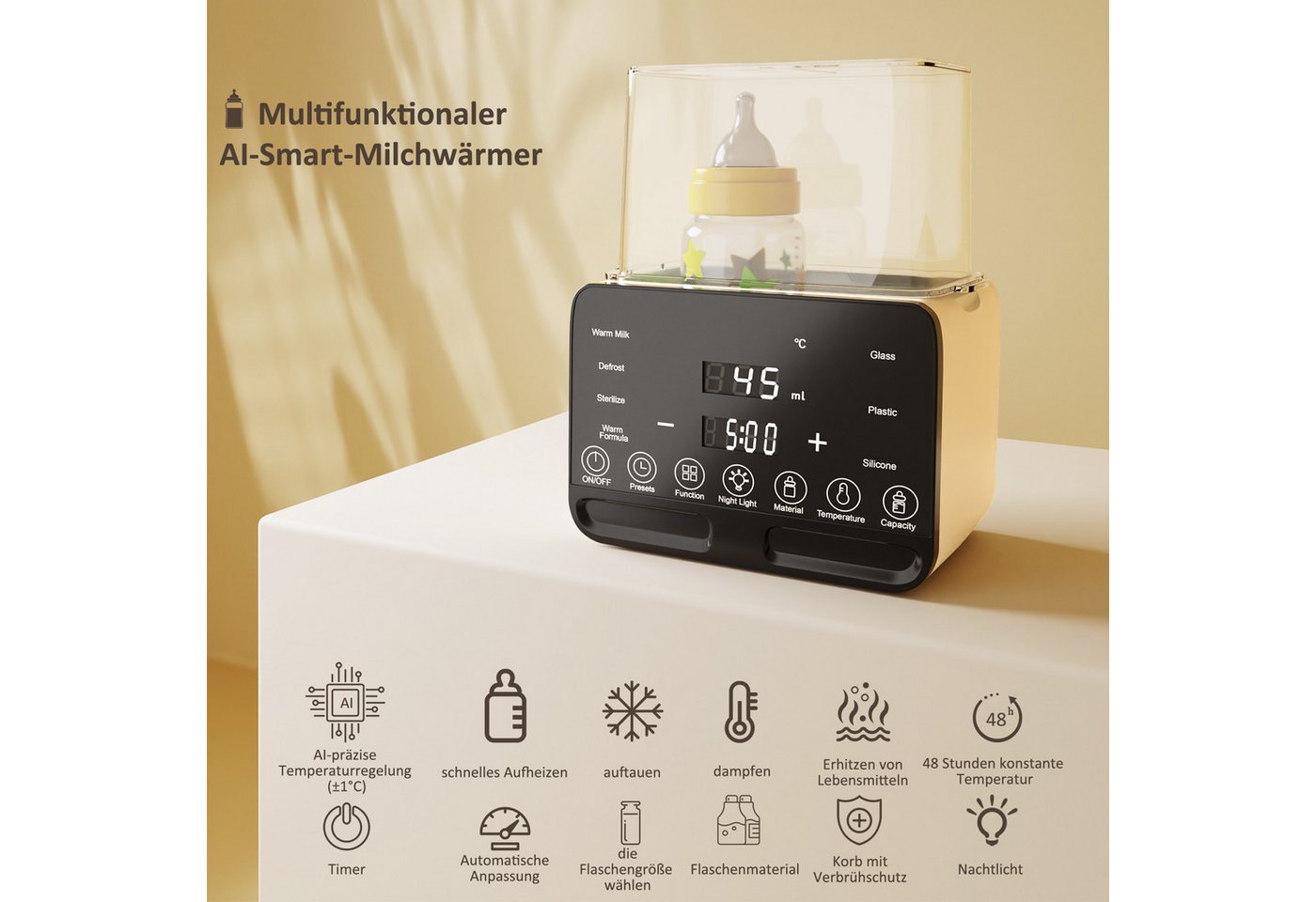 CkeyiN Babyflaschenwärmer 2 Flaschen 10 IN 1 Baby Flaschenwärmer, Konstante Temperatur in 24h, Timer-Funktion präzise Temperaturregelung BPA-frei Touchscreen